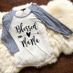 Blessed Mama Striped 3/4 Sleeve White Top Size M